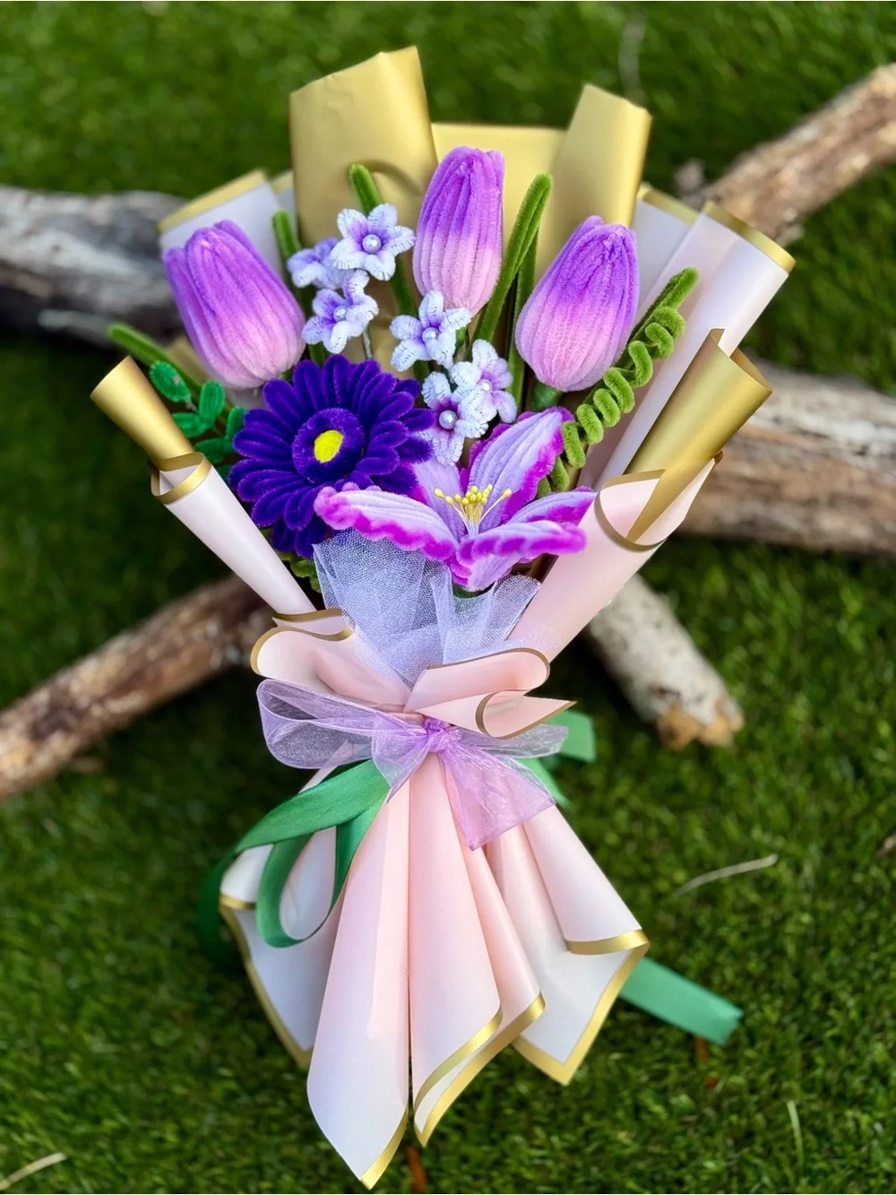 Purple Artificial Flower Bouquet with Gold-Trim Wrap